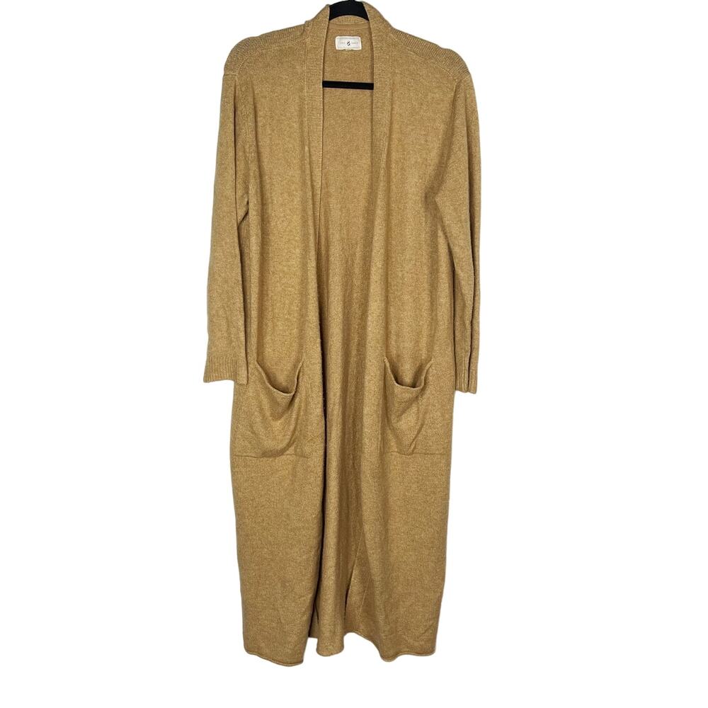 Lou & Grey Small S Camel Tan Wool Blend Long Length Open Front Cardigan Sweater
